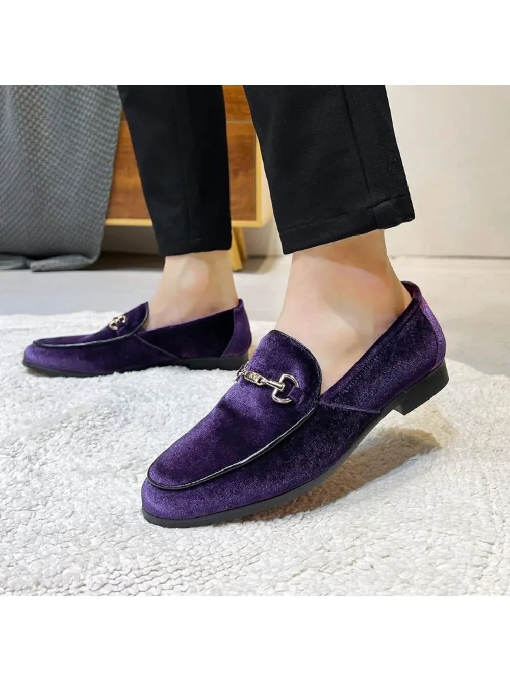 LCQL Men's Purple Leather Velvet Loafer Gold Buckle Slip On Comfortable Shoes